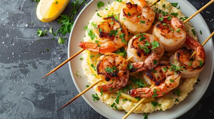 Wall Mural -  A plate of shrimp skewers served with mashed potatoes, garnished with parsley and cilantro