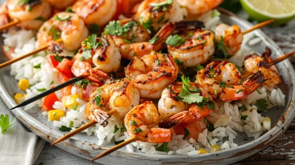 Wall Mural -  A plate of shrimp skewers with white rice, garnished with cilantro