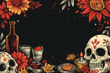 Wall Mural - Day of the Dead Celebration with Skulls and Flowers