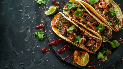  Three tacos atop a plate, smothered in sauce, adorned with limes and cilantro
