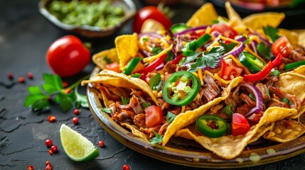  A plate of nachos topped with meat, peppers , onions, and jalapenos