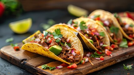  A wooden cutting board holds three tacos, each filled with meat and veggies, and garnished with cilantro