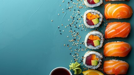 Canvas Print -  A row of sushi on a blue surface Nearby, a bowl of sauce and a cup of dipping sauce