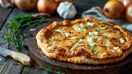 Wall Mural -  A pizza atop a wooden cutting board on a nearby wooden table, onions and garlic beside it