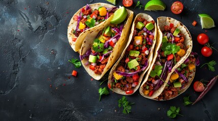  A collection of tacos arranged on a table, accompanied by a slice of lime and a tomato slice
