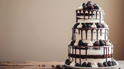  A three-tiered cake, chocolate-iced and adorned with fresh berries, sits atop a plate on a wooden table