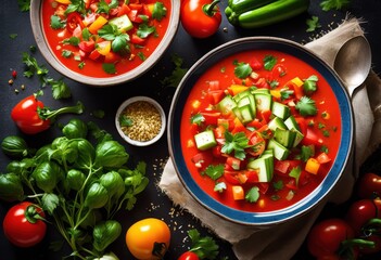 Wall Mural - colorful gazpacho soup bowl fresh healthy vegetarian meal concept, vegetables, food, tomato, cucumber, bell, pepper, onion, garlic, olive, oil, basil