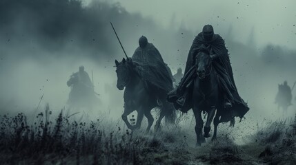 Wall Mural -  A band of men atop horses in a fog-shrouded field Trees loom in the background