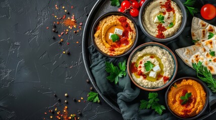 Wall Mural -  A platter with hummus, tomatoes, pita bread, and two piles of pita bread on a black surface
