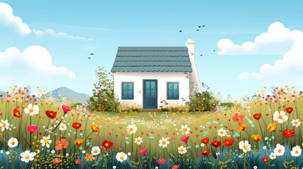 Canvas Print -  A house in a flower-filled field is painted with a bird soaring overhead