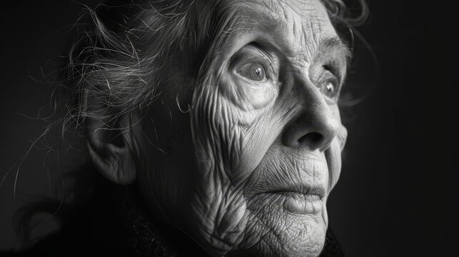  A monochrome image of an elderly woman, her creased face etched with wrinkles, as her hair billows in the wind