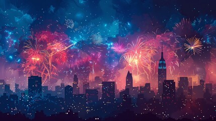  Cityscape with fireworks overlooking a foreground of skyscrapers