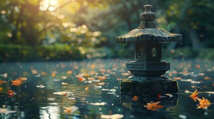 Poster -  A lantern atop still waters, surrounded by drifting leaves, trees backdropped