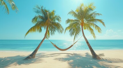 Wall Mural -  Two palm trees in hammocks face the ocean backdrop