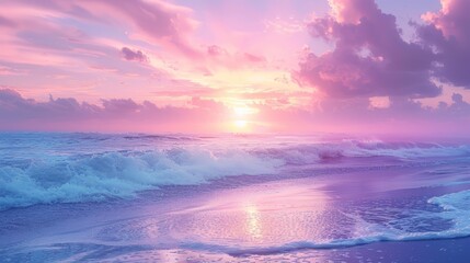  The sun sets over pink-blue clouded ocean, waves crash