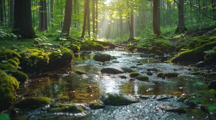 Wall Mural -  A stream winds through a verdant forest, surrounded by abundant green moss-covered rocks and trees on both banks
