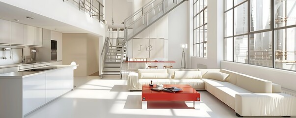 Wall Mural - Trendy minimalist studio design in white and beige, featuring a contemporary kitchen and comfortable recreation space, steel stairs, and a red coffee table, complemented by expansive windows.