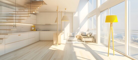 Wall Mural - Trendy minimalist studio interior in white and beige, showcasing a pristine kitchen and cozy living space, wooden stairs, and a yellow lamp, with floor-to-ceiling windows.