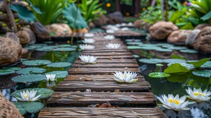 Wall Mural -  A wooden walkway, leading to a serene pond, is lined with water lilies growing gracefully along its sides