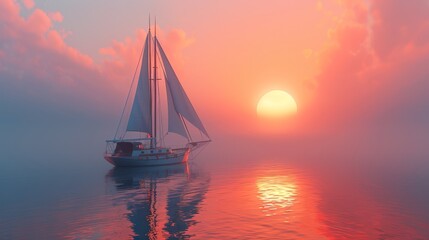 Wall Mural -  A sailboat floating on tranquil water as the sun sets, casting an orange glow, with scattered clouds in the sky