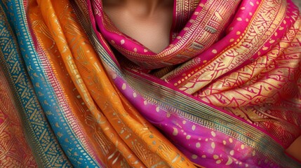 Wall Mural -  A tight shot of a woman's face adorned with a vibrant sari, its multicolored fabric framed by a golden and blue border