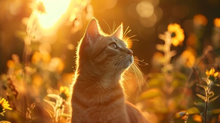 Wall Mural -  A cats face, gazing intently amongst a vibrant floral landscape Sunlight filters through tree branches behind