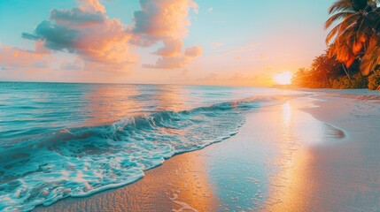  A beach with a wave approaching shore, sun setting over palm-lined edge