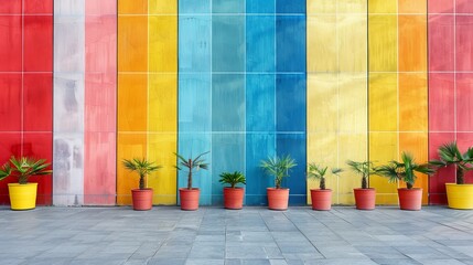 Poster -  A row of potted plants before a multicolored wall with a rainbow-hued backdrop