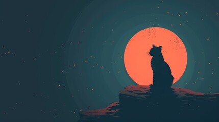 Canvas Print -  A cat atop a rock gazes at an expansive orange orb in the night sky - a large fireball