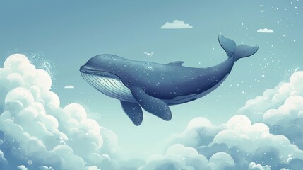 Wall Mural -  A painting of a whale suspended in the air, surrounded by clouds A bird flies above against a backdrop of a blue sky filled with white puffs