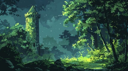  A towering castle in a forest at night, surrounded by stars