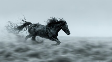 Wall Mural -  A black-and-white image of a galloping horse in the wind