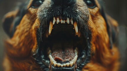 Wall Mural -  A tight shot of a dog's open mouth revealing its teeth
