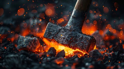 Wall Mural -  A tight shot of a hammer against a backdrop of coal and an nearby fire, with out-of-focus stones in the foreground