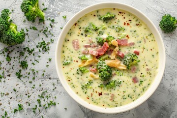 Wall Mural - Ketogenic low carb diet dish creamy broccoli cheese soup with fried ham topping in white bowl flat lay view