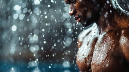 Sticker -  A man, bare-chested, stands in the rain Hands on hips, face veiled by water droplets