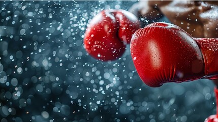 Canvas Print -  A tight shot of two red boxing gloves against a snow-covered punching mitt on a frosty day