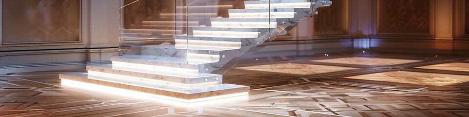 Wall Mural - White marble L-shape floating neon stairs with RGB LED stripe light under tread staircase, tempered glass panel balustrades in a grand ballroom, opulent interior design with hardwood floor,