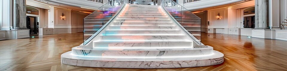 Wall Mural - White marble L-shape floating neon stairs with RGB LED stripe light under tread staircase, tempered glass panel balustrades in a grand ballroom, opulent interior design with hardwood floor,