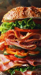 Wall Mural - Close-up of a delicious ham and vegetable sandwich with sesame seed bun