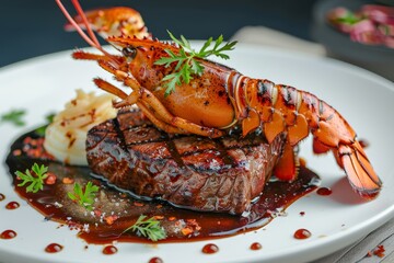 Wall Mural - Grilled beef and lobster with sauce on a white plate