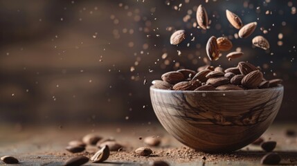 Almond nuts are poured into a wooden bowl. Brown background with copy space. 