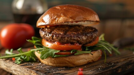 Wall Mural - Close-up of gourmet beef burger with fresh vegetables on wooden board, selective focus. Delicious food and culinary concept