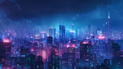 A digital painting of a futuristic city at night with bright neon lights and a blue sky.