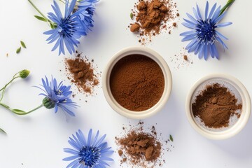 Poster - Herbal coffee substitute with chicory powder in a bowl blue flowers on white background Top view Banner