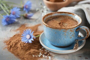 Sticker - Herbal drink chicory in cup coffee substitutes powder and flowers Selective focus