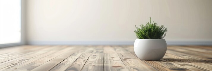 Poster - A close-up image of a small, potted plant with green leaves placed on a wooden floor in a minimalist interior setting