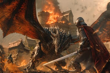 A knight in full armor battles a massive dragon in front of a burning castle, showcasing an epic medieval fantasy battle with dramatic intensity.

