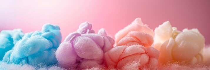 A close-up shot of a colorful cotton candy swirl arranged in a playful manner on a soft pastel background