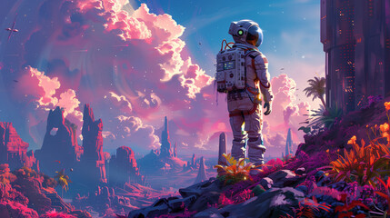 Wall Mural - An astronaut stands on a rocky outcrop, gazing out at a vibrant, alien landscape. The sky is filled with pink and purple clouds, and the ground is covered in strange, colorful plants